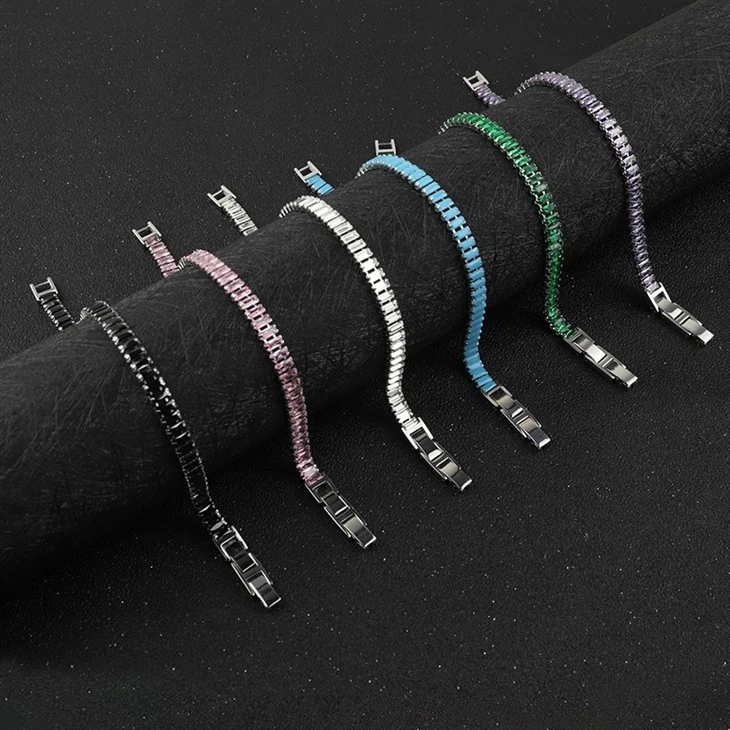 Emerald-Tone Full Zircon Line Set Stainless Steel Tennis Bracelet high quality